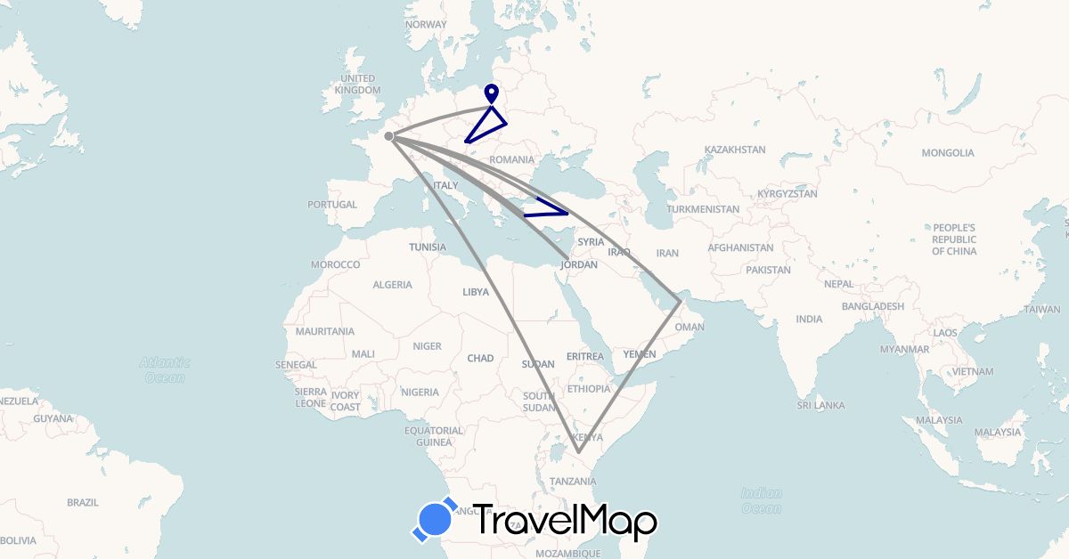 TravelMap itinerary: driving, plane in United Arab Emirates, Austria, France, Israel, Kenya, Poland, Slovakia, Turkey (Africa, Asia, Europe)
